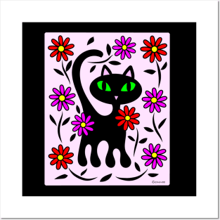 Black Kitty Cat in Flower Garden Posters and Art